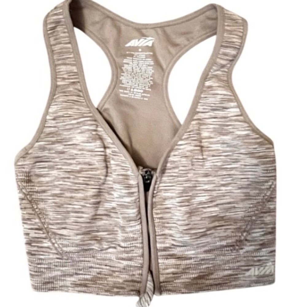Avia Womens Front Zip Sports Bra Beige Tan Space Dye Racerback Medium NWOT